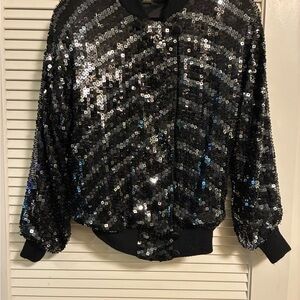 Elegant Vintage Sequin Bomber Jacket, sweater knit around the waist,wrist .